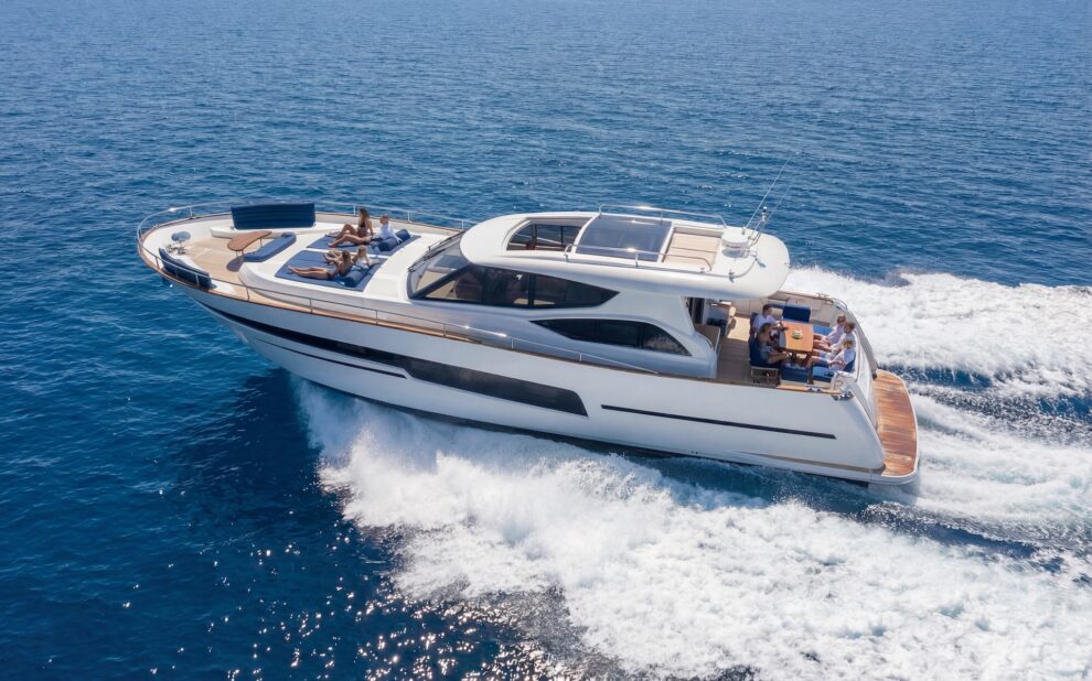 Hard top yacht cruising on open blue sea